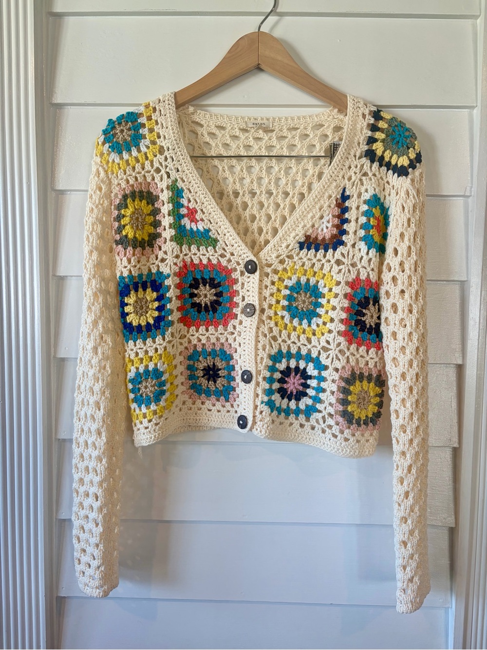 debut Cream Crochet V-Neck Cardigan with Multicolor Granny Squares